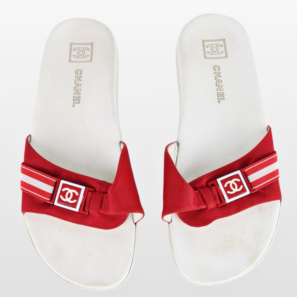 Chanel Red Slide Sandals
